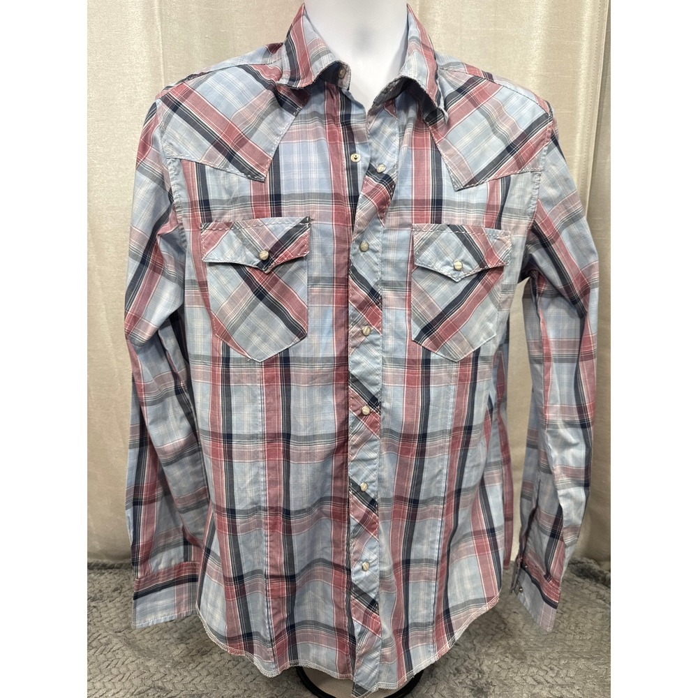 Wrangler Mens Blue Red Plaid Long Sleeve Western Pearl Snap‎ Shirt 10MVG346M M